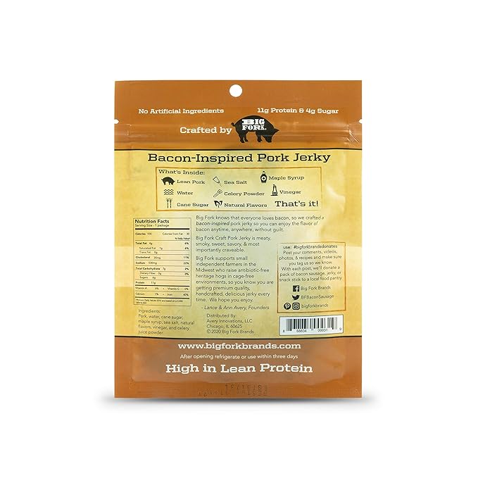 Big Fork Craft Pork Jerky – Maple Flavor | Bacon-Inspired Small-Batch Jerky Made from 100% Berkshire Pork | Keto Paleo Gluten-Free High-Protein Snack | 3 Bags (2.25 oz Each)