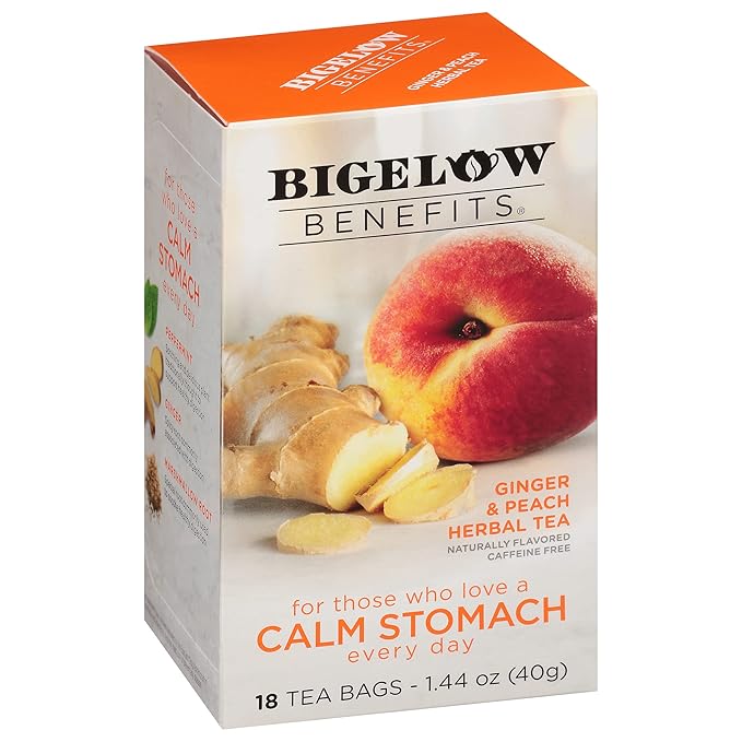 Bigelow Tea Benefits Calm Stomach Ginger Peach Herbal Tea Caffeine Free 18 Count (Pack of 6) 108 Total Tea Bags