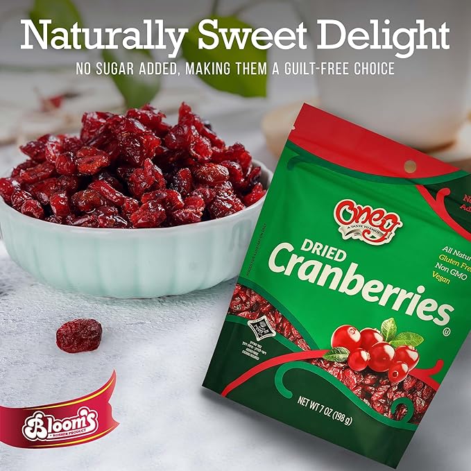 Oneg Dried Cranberries Dried Fruit Snack Gluten Free All Natural Healthy Snack for Kids and Adults Non-GMO Vegan No Sodium Cranberry Fruit Snack Sweet Snack in Resealable Bag 12 Pack 84 0z.