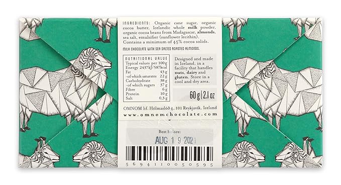 OmNom Sea Salted Almonds + Milk 45% Cacao | Icelandic Bean To Bar Chocolate by OMNOM CHOCOLATE REYKJAVIK | 2 x 60g Bar