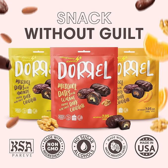 DORREL - Trio Bundle Pack: Belgian Dark Chocolate Covered Dates Medjool with Candied Orange Peels Salted Almonds &amp Walnuts Stuffing High Energy Kosher Non-GMO Vegan Choco Snack Pack of 3 7.05 o