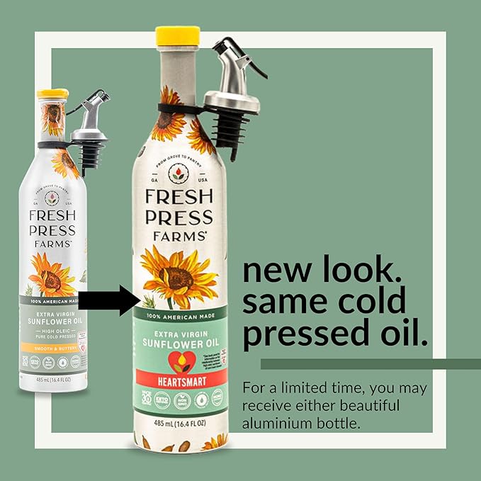 Fresh Press Farms Cold Pressed Extra Virgin Sunflower Oil 16.4 Fl Oz (Pack of 2) High Oleic Georgia Grown 100% American Made Unrefined Certified Whole30 Non-GMO Keto Paleo Gluten Free