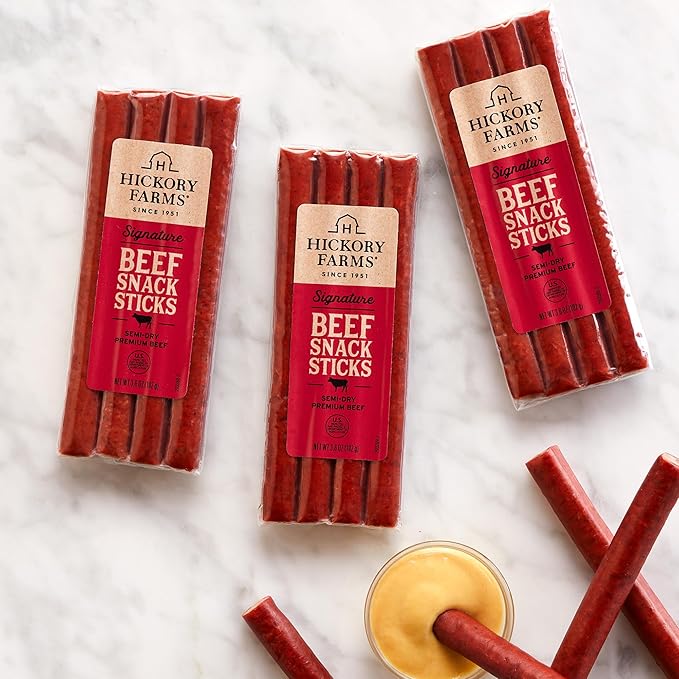Hickory Farms Beef Sticks 6-Pack | High-protein snack gluten free meat sticks for snacking made with premium beef good for camping hiking lunch college care packages