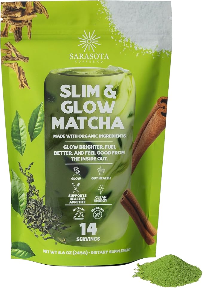 Slim &amp Glow Matcha Latte Powder – Collagen Peptides Organic Matcha Inulin Prebiotic Fiber Green Tea Extract Biotin – Gut Health Craving Control – 14 Servings
