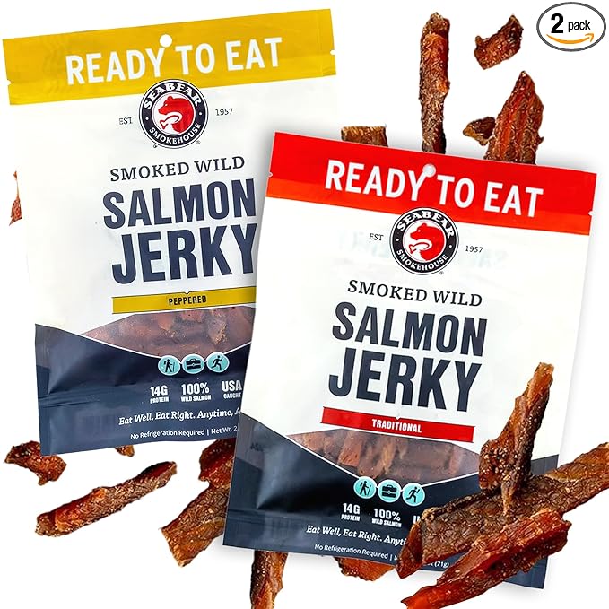 SeaBear Variety Traditional + Peppered Wild King Salmon Jerky 2-Pack Smoked Salmon Jerky Wild Caught Alaskan Salmon High-Protein Snack Cold Smoked &amp Ready to Eat Classic Smokehouse Flavor 2.5