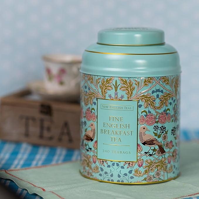New English Teas Song Thrush &amp Berries Tea Tin in Mint Green with 240 English Breakfast Teabags