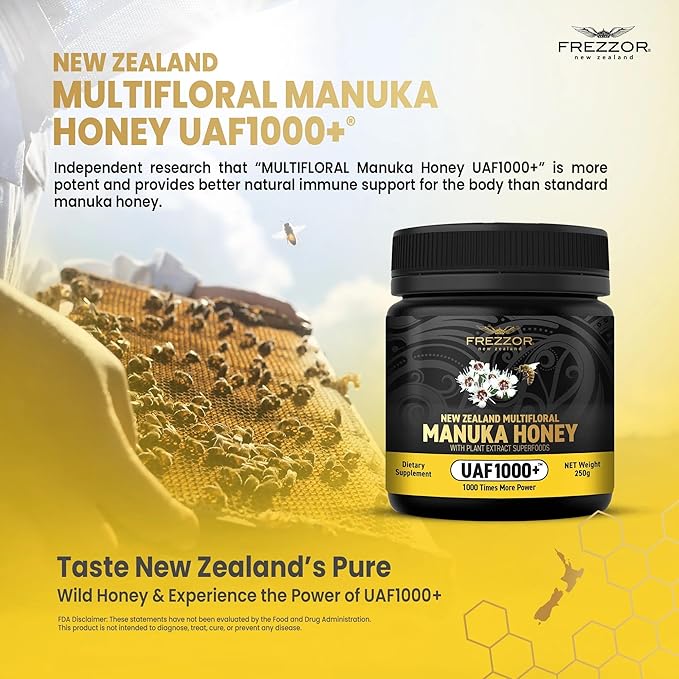 FREZZOR Premium Raw Multifloral Manuka Honey New Zealand with UAF1000+ Super Antioxidant 1000x More Power Best Support for Everyday Wellness Probiotic Antioxidant Superfood 6 Jars (52.8oz/1500g)