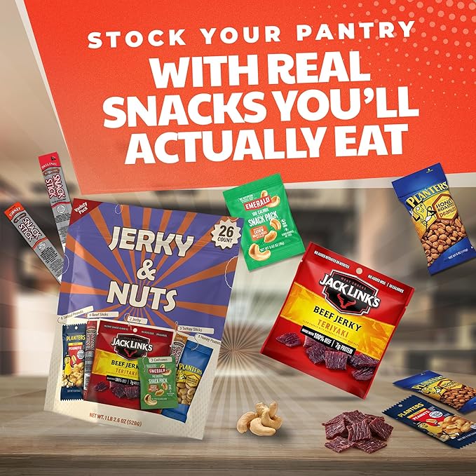 Jerky &amp Nuts Variety Pack (26 Count) – Beef Jerky Beef Sticks Turkey Sticks Cashews Honey Roasted Peanuts Salted Peanuts | Individual Meat &amp Nuts Packs for Adults Kids Office School o
