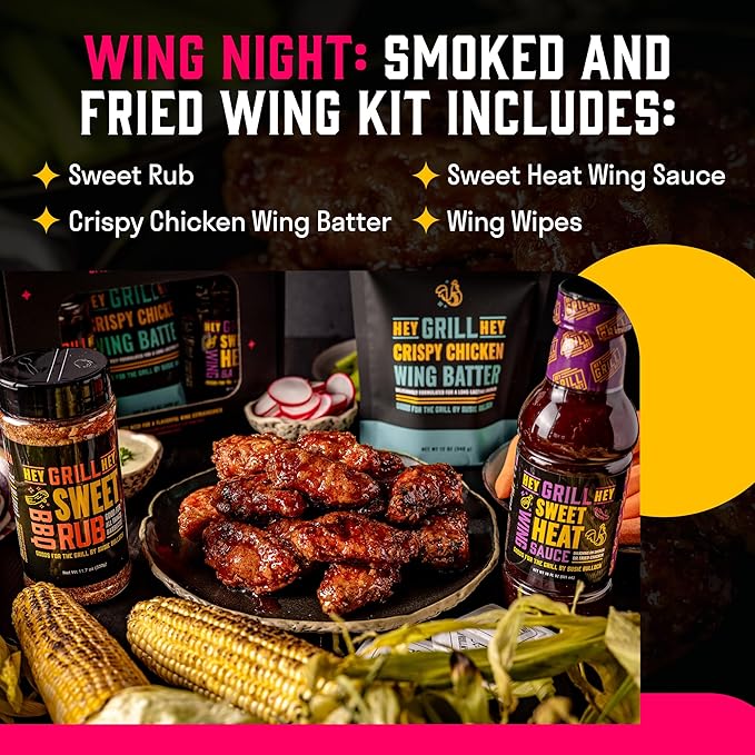 Hey Grill Hey | Chicken Wing Seasoning &amp Sauce Kit | All-in-one Crispy Batter BBQ Rub and Sweet Heat BBQ Sauce | Wing Night: Smoked &amp Fried Wing Kit