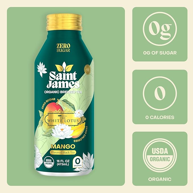 Saint James Iced Tea x The White Lotus Limited Edition - Organic Black Tea - Non-GMO Gluten Free Zero Calorie Zero Sugar - Mango 12 Pack (16.9 fl oz each)