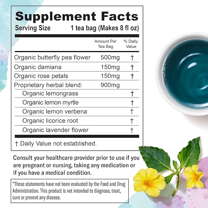Numi Organic Damiana Herbal Tea Variety Pack - Relax Focus &amp Uplift with Damiana Butterfly Pea Flower Lemon Balm Gingko (Pack of 3) 16 Count Herbal Tea Bags