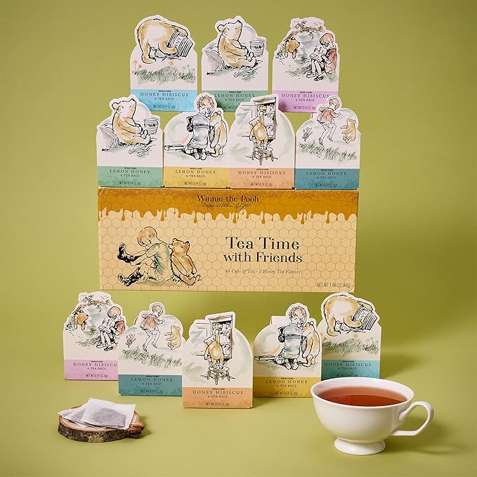 Thoughtfully Classic Winnie-the-Pooh Character Tea Gift Set Includes 12 Illustrated Boxes with Quotes from A.A. Milne Lemon Honey and Honey Hibiscus Flavors Baby Shower Nursery or Birthday Gift