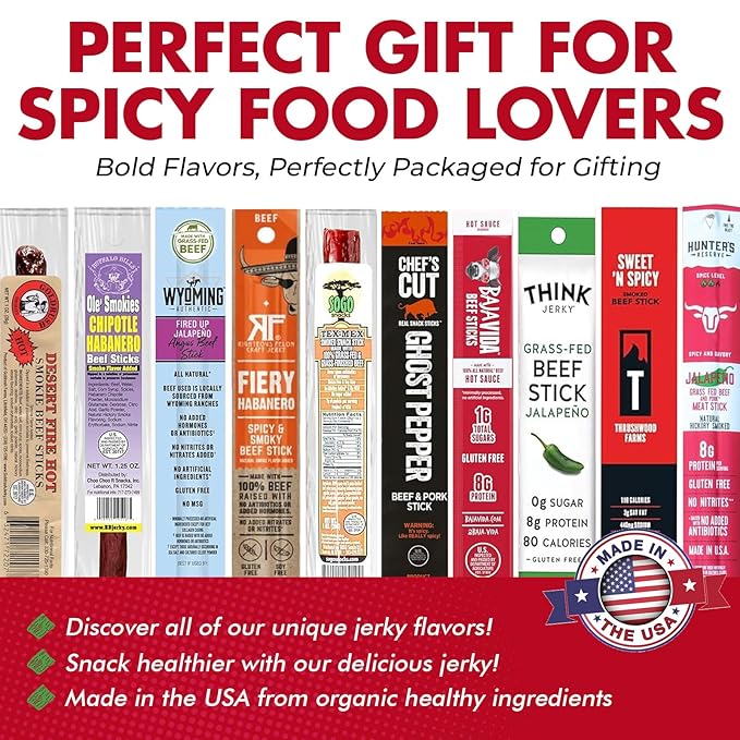 Jerky-n-Spice Premium Spicy Meat Sticks Gift Box (10 Count) | Beef Sticks Variety Pack | Beef Jerky Basket for Men | Assorted High Protein Meat Snacks | Ideal for Birthday Road Trip &amp Camping