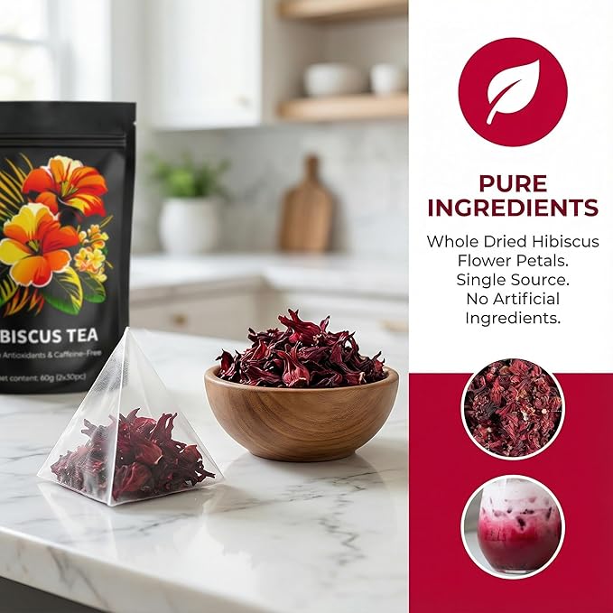 Hibiscus Tea - Whole Dried Flower Petals Hibiscus Tea Bags Antioxidant Caffeine-Free Natural Compounds Tart and Delicious20 Tea Bags