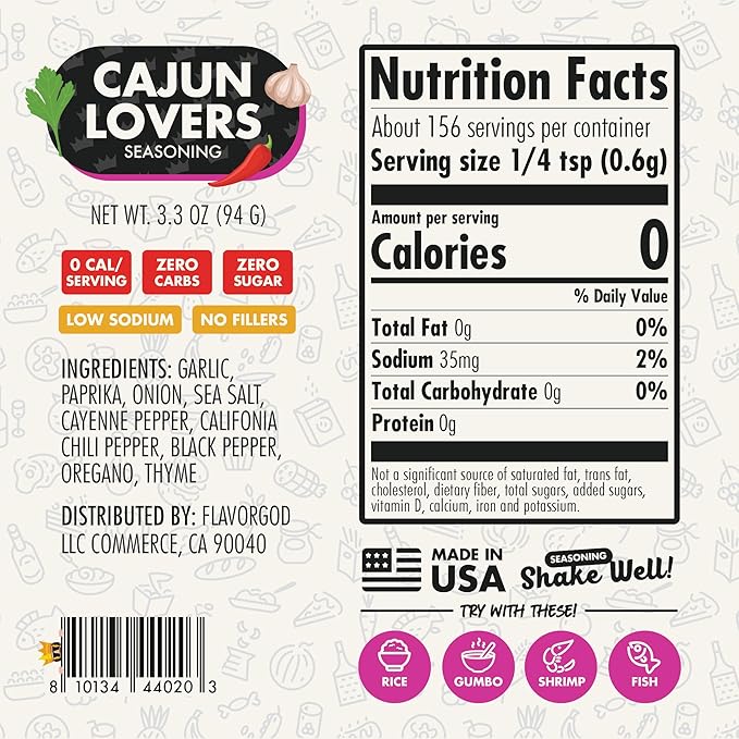 Flavor God 2 Bottles Cajun Lovers Seasoning Mix Natural Healthy Spice Blend For Grilling Chicken Beef Seafood Vegetables Salad Tacos &amp Pizza Kosher Gluten &amp Dairy Free Vegan Keto Frien