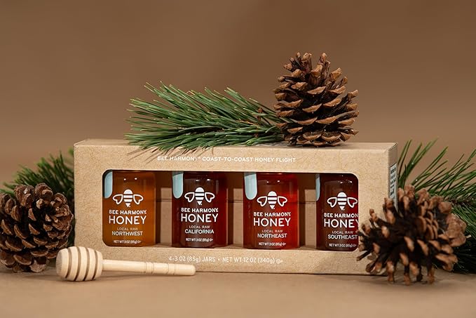 Bee Harmony Coast-to-Coast Honey Flight Mini Honey Gift Set 4 Jars 3 OZ Each Premium Raw Made in the USA