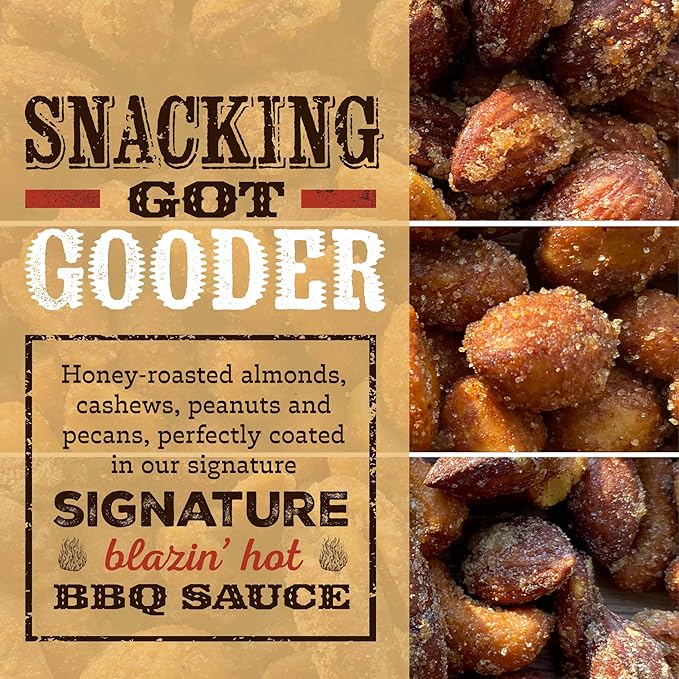 Rufus Teague Hot BBQ Variety Pack – Sweet Spicy &amp Smoky Honey Roasted Nuts Almonds and Peanuts 9 oz Resealable Pouches (3 Pack)