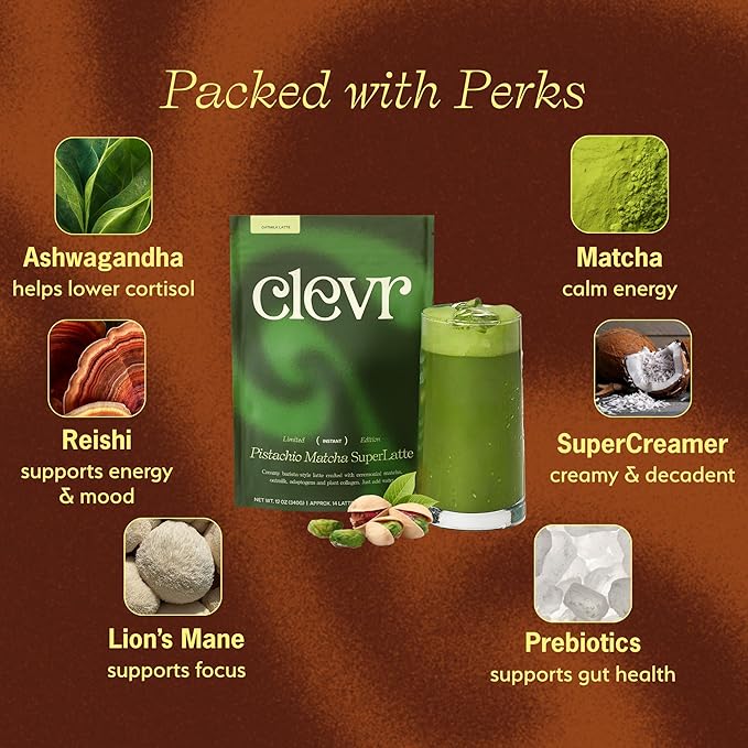 Clevr Pistachio Matcha SuperLatte Organic Ceremonial Grade Instant Superfood Powder Blend with Lions Mane Reishi Mushroom Coconut Cream Oat Milk Ashwagandha Serve Hot or Iced (14 Lattes)