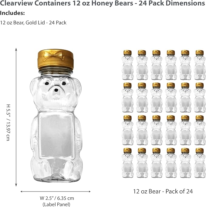 12 Ounce Clear Plastic Squeezable Honey Bears with Sealable Flip Top Lids - BPA Free Hand Wash Only (Gold 24 Pack)