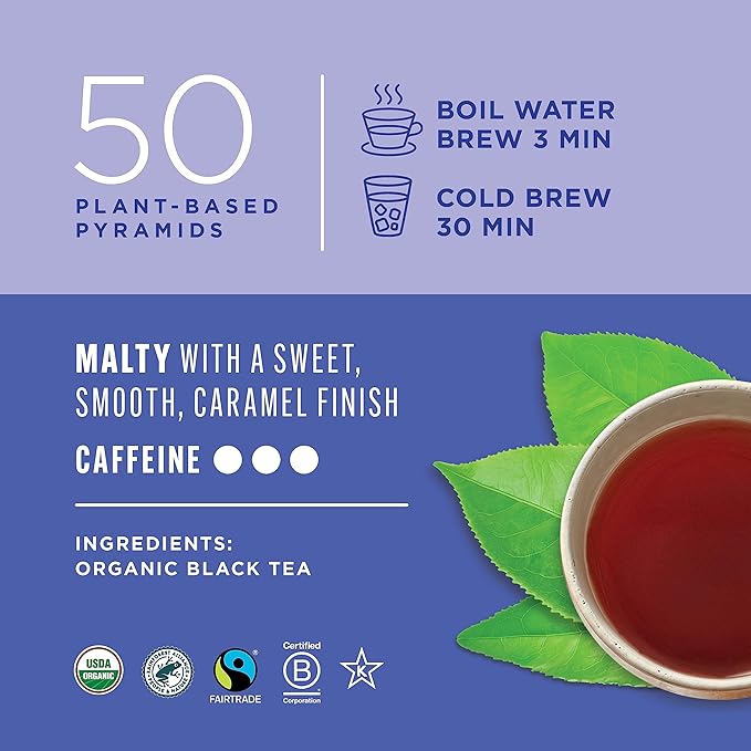 Teatulia Organic Black Tea Bags (50 Pyramid Sachet Teabags) 100% Compostable and Sustainably Grown In Bangladesh. Pure Black Tea Strong English Breakfast