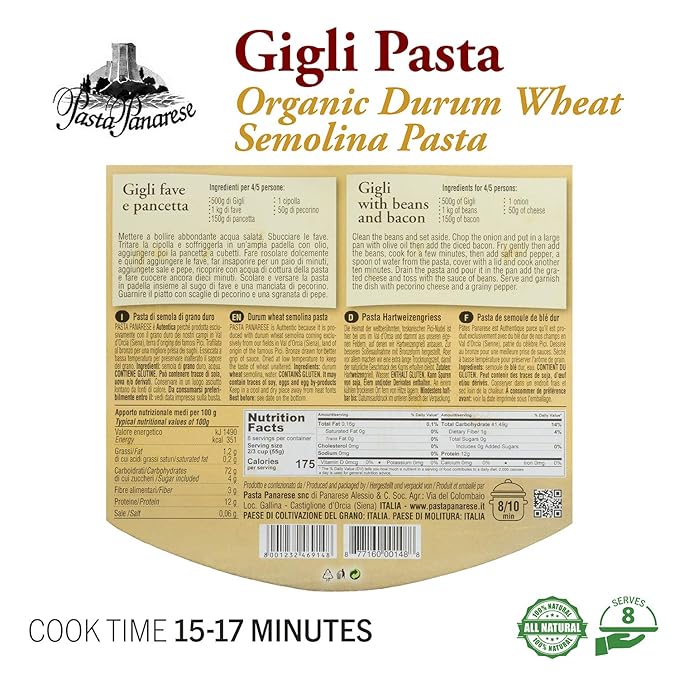 Pasta Panarese Gigli Toscani Pasta from Italy - Organic Wheat Pasta Made in Italy 500g / 17.63oz (2 pack)
