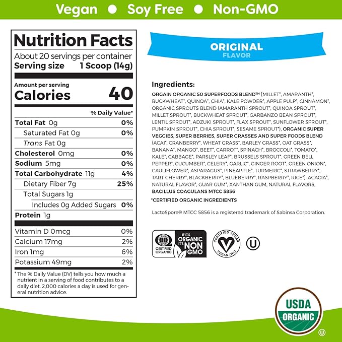 Orgain Organic Vegan Meal Replacement Protein Powder Creamy Chocolate Fudge (2.03lb) Organic Greens Powder + 50 Superfoods (0.62lb) Bundle