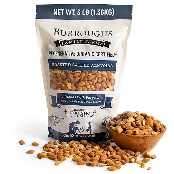Burroughs Family Farms 3 lb Roasted Salted Almonds – USDA Organic First Regenerative Organic Certified Almond Farm – 2x the Antioxidants and Vitamin B Versus Other Almonds – Lightly Salted &amp Perf