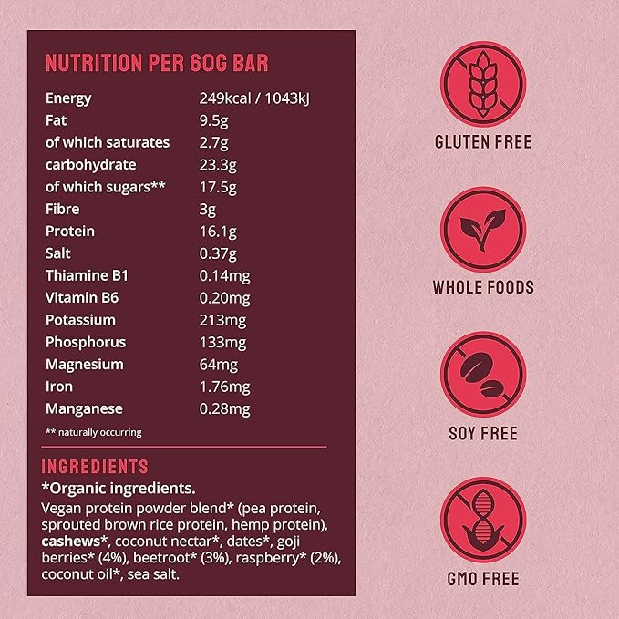 BodyMe Organic Vegan Protein Bar | Raw Beetroot Berry | Box of 12 x 2.12oz (60g) | with 3 Plant Proteins