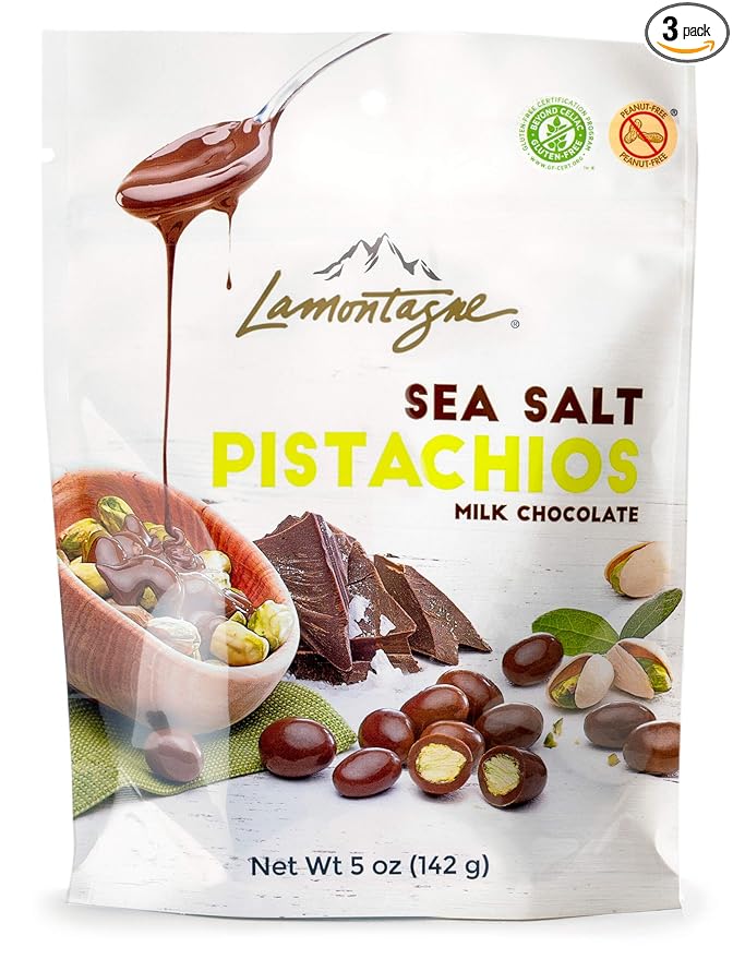 Lamontagne Milk Chocolate &amp Sea Salt Pistachios pack of 3 bags - Gluten-free Peanut-free and Palm Oil-Free Snack
