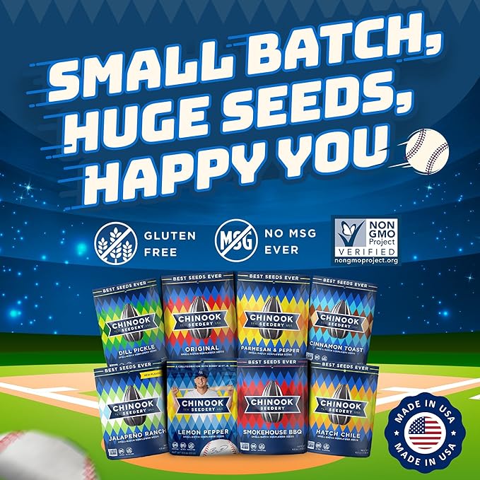 Chinook Seedery Sunflower Seeds to Eat — Jumbo Flavored Roasted Low Sodium Snacks — Keto Friendly Gluten-Free Non-GMO — 8 Flavor Variety Pack 4 oz (12-Pack)