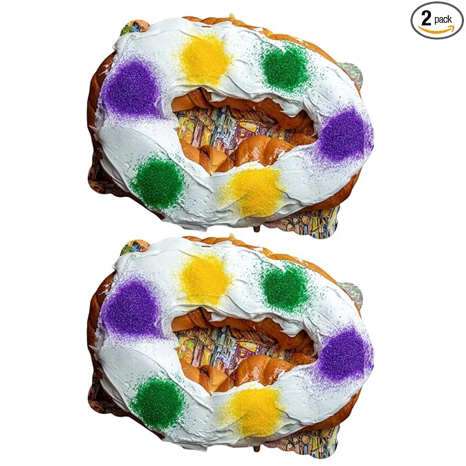 Caluda's King Cake DIY Kit - Pack of 2 - Fresh Un-Iced Brioche Cake with Icing Packets Mardi Gras Colored Sugars Baby Decorating Instructions Serves 10-12 Authentic New Orleans Louisiana Mardi Gr