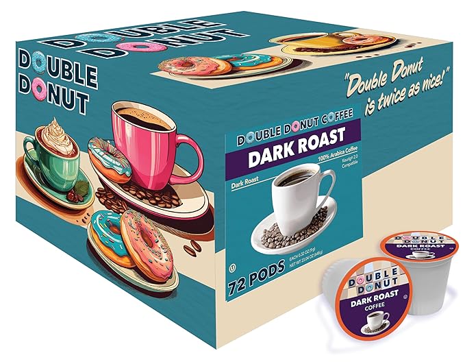Double Donut Coffee Extra Bold Blend Dark Roast Coffee Pods Dark Roast Coffee Compatible with Keurig K Cups Brewers 72 Count