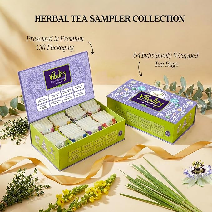 Adanim Bio Vitality Organic Herbal Tea Sampler Gift Box Caffeine Free 8 Unique Flavors for Tea Lovers 64 Individually Wrapped Tea Bags Variety Pack Tea Set