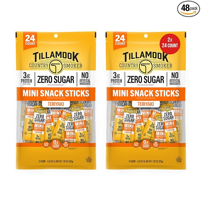 Tillamook Country Smoker Zero Sugar Teriyaki Mini Smoked Sausages 0.33 oz 48 Ct Individually Wrapped Beef Sticks for Afternoon Snacks Lunchboxes Travel Real Hardwood Smoked
