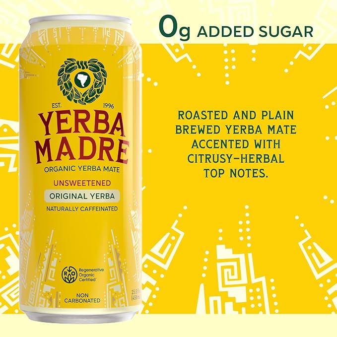 Yerba Madre Organic Yerba Mate Energy Drink Alternative Unsweetened Original Yerba 150mg Plant Based Caffeine Smooth Energy &amp Focus No Jitters or Crash 15.5oz Cans (Pack of 12)