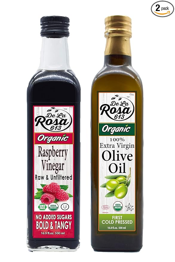 De La Rosa Organic Extra Virgin Olive Oil &amp Raspberry Vinegar 100% Pure Raw &amp Unfiltered Vegan Kosher Non-GMO &amp Gluten Free Great for Salad Dressing Marinades &amp More 16.9 Oz (Pa