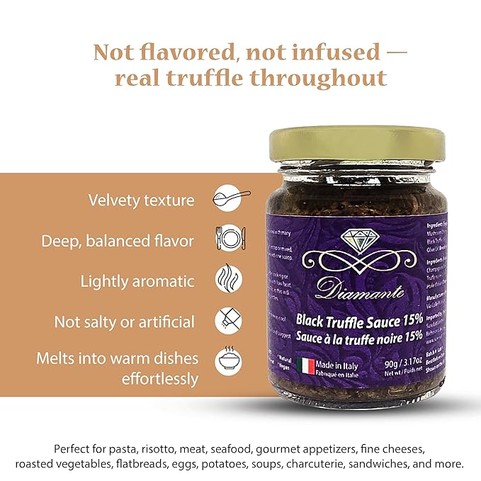 Diamante Italy Black Truffle Sauce with High 15% Black Truffle Content - Authentic Italian Gourmet Black Truffle &amp Mushroom Sauce - Non GMO Vegan &amp Made in Italy - 90g