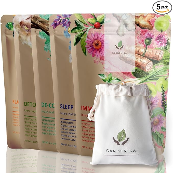 Gardenika Organic Loose Leaf Tea Sampler - Herbal Caffeine-Free Set - Ayurvedic Blend KSA Kosher No Natural or Artificial Flavors (5 Pack)