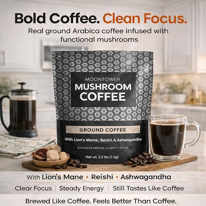 Moontower Adaptogen Mushroom Coffee Ground - Organic Mushroom Coffee with Lion's Mane Reishi &amp Ashwagandha Medium Roast Nicaraguan Beans for Focus &amp Clarity Energizing Balanced Brew - 35 oz