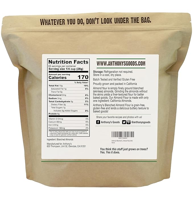 Anthony's Blanched Almond Flour 4 lb Finely Ground Gluten Free Non GMO Keto Friendly