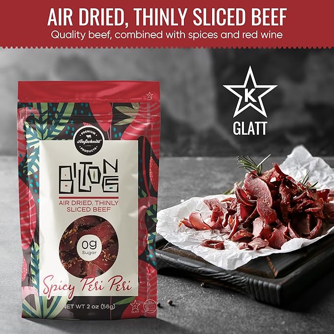 Aufschnitt Biltong Beef Jerky Slices South African Style Beef - Air Dried No Sugar All Natural Ingredients Gluten Free Made in USA Spicy Peri Peri 2oz 3 Pack