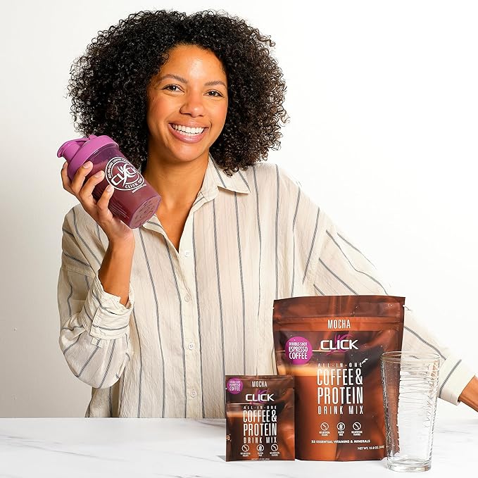 Click Coffee Protein Protein &amp Real Coffee All-in-One Meal Replacement Nutrition Drink Mocha Flavor 23 Essential Vitamins Double Shot Espresso Coffee Hot or Cold 15.8-Ounce