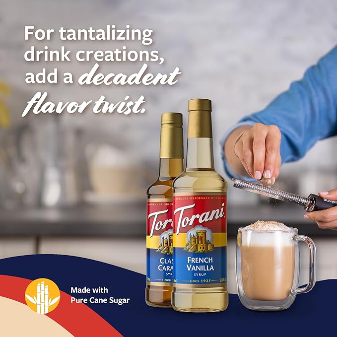 Torani Syrups Classic Caramel and French Vanilla Syrup Variety 2-Pack Coffee Syrups for Drinks Pumps Included 25.4 Fl Oz Ea