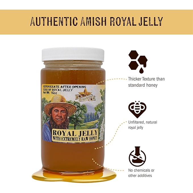 Goshen Honey Raw Royal Jelly Honey - With 25g of Royal Jelly - Unfiltered - Unprocessed - Pure &amp Natural Bee Essence from Amish Country USA - For Natural Energy - Dairy &amp Gluten Free - 454g/1