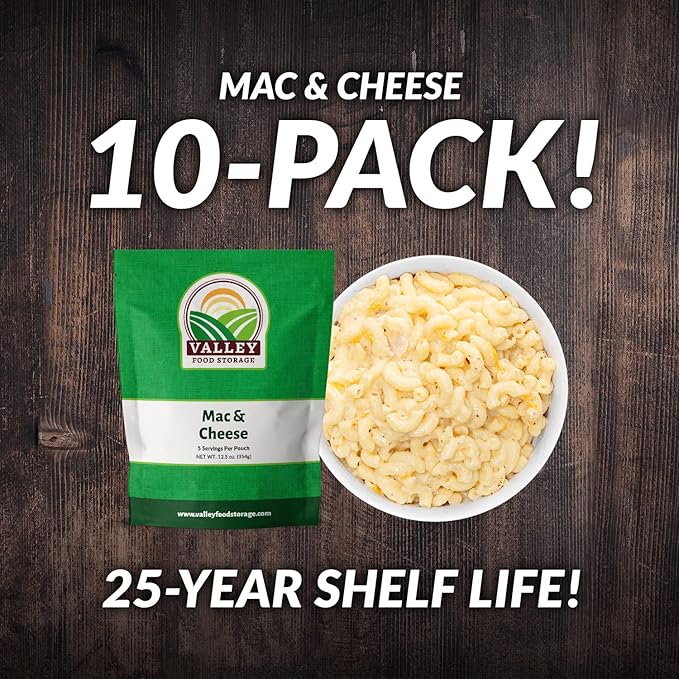 Valley Food Storage Mac and Cheese | 10-Bag Bucket 50 Servings | Non-GMO Premium Emergency Food Supply 25 Year Shelf Life | Survival Meal Kits Prepper Food Camping &amp Off-Grid Living Supplies