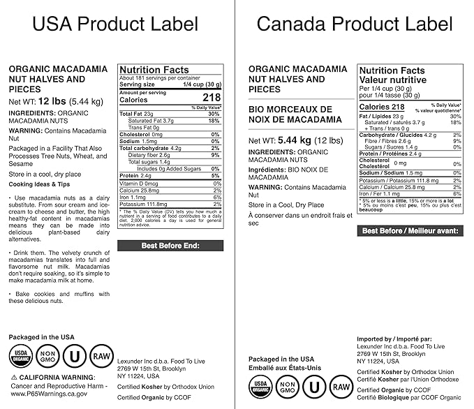 Food to Live Organic Macadamia Nut Halves &amp Pieces 12 Pounds – Non-GMO Raw Shelled Unsalted Kosher Vegan Bulk. Keto Snack. Source of Healthy Fats. Topping for Salad Yogurt Cereal Dessert