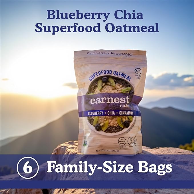 Earnest Eats Superfood Oatmeal – Blueberry Chia Cinnamon – Vegan Gluten Free 5g Plant Protein 4g Fiber No Added Sugar 48 Servings Total (6 Pack)