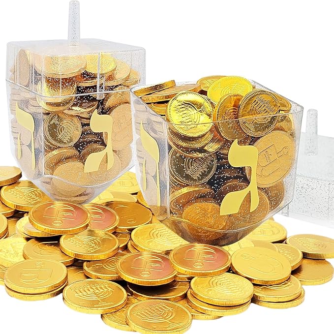 The Dreidel Company Jumbo Hanukkah Dreidel Filled with Chocolate Gelt Coins Chocolate Half Dollar Coins Chanukah Gelt Kosher (2-Pack)