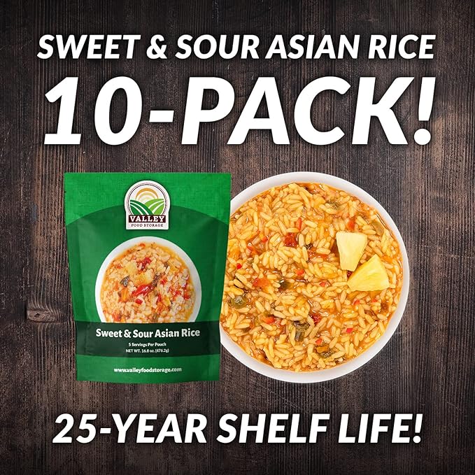 Valley Food Storage Sweet &amp Sour Asian Rice | 10-Bag Bucket 50 Servings | Gluten Free Premium Emergency Food Supply 25 Year Shelf Life | Survival Meal Kits Prepper Food &amp Off-Grid Living Su