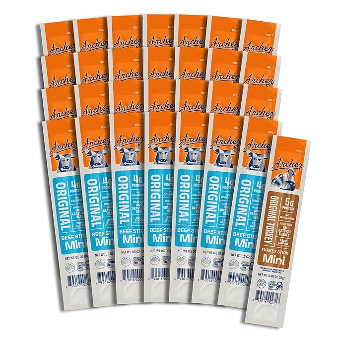 Archer Jerky Mini Beef Jerky Sticks - Grass-Fed Beef Sticks Individually Wrapped Mini Protein Snack Packs Bulk Gluten Free Paleo Keto - .5 oz Original Beef (Pack of 28) &amp .5 oz Original Turkey